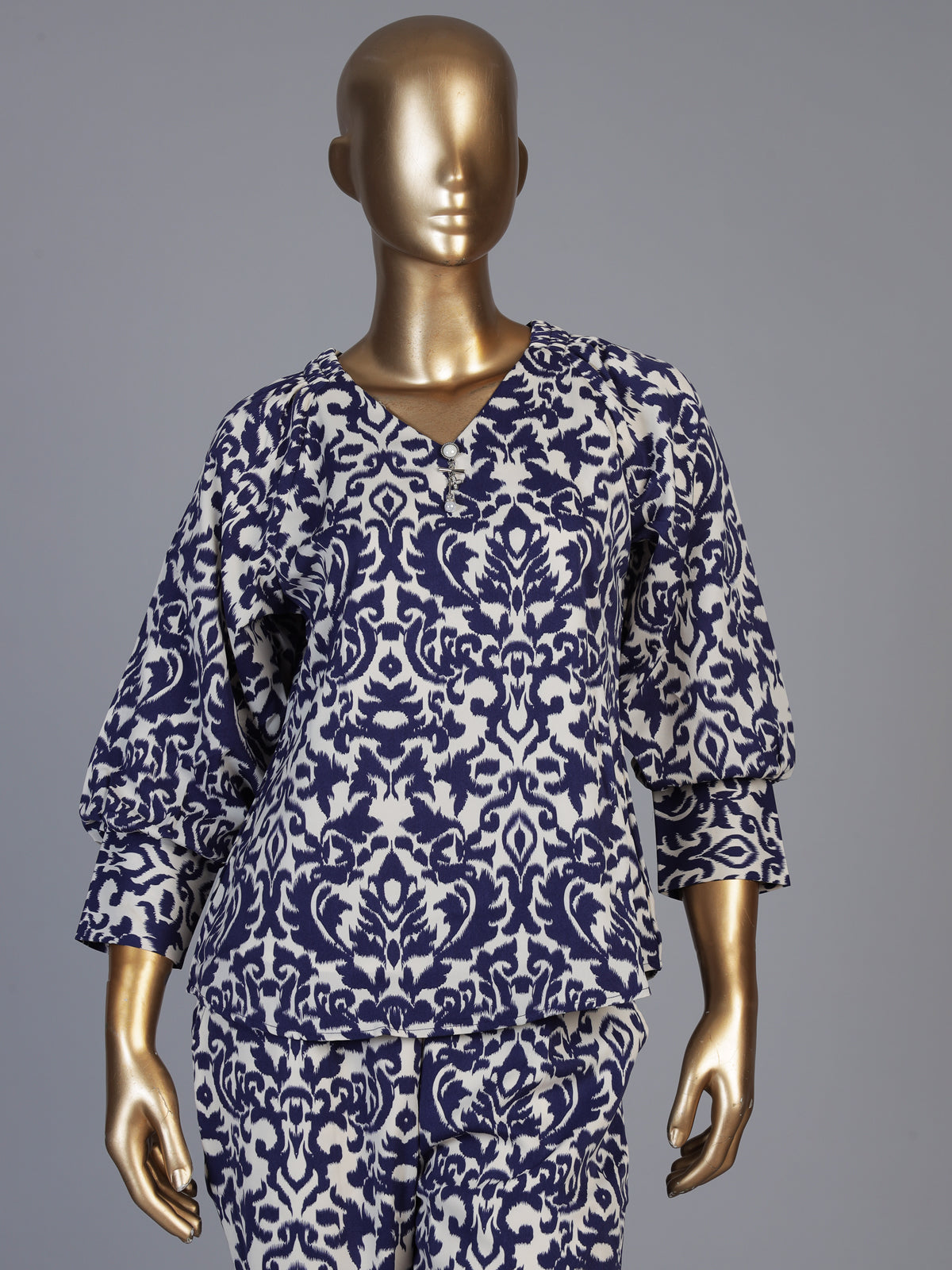 Blue rayon cotton printed pant co ord set with V neck