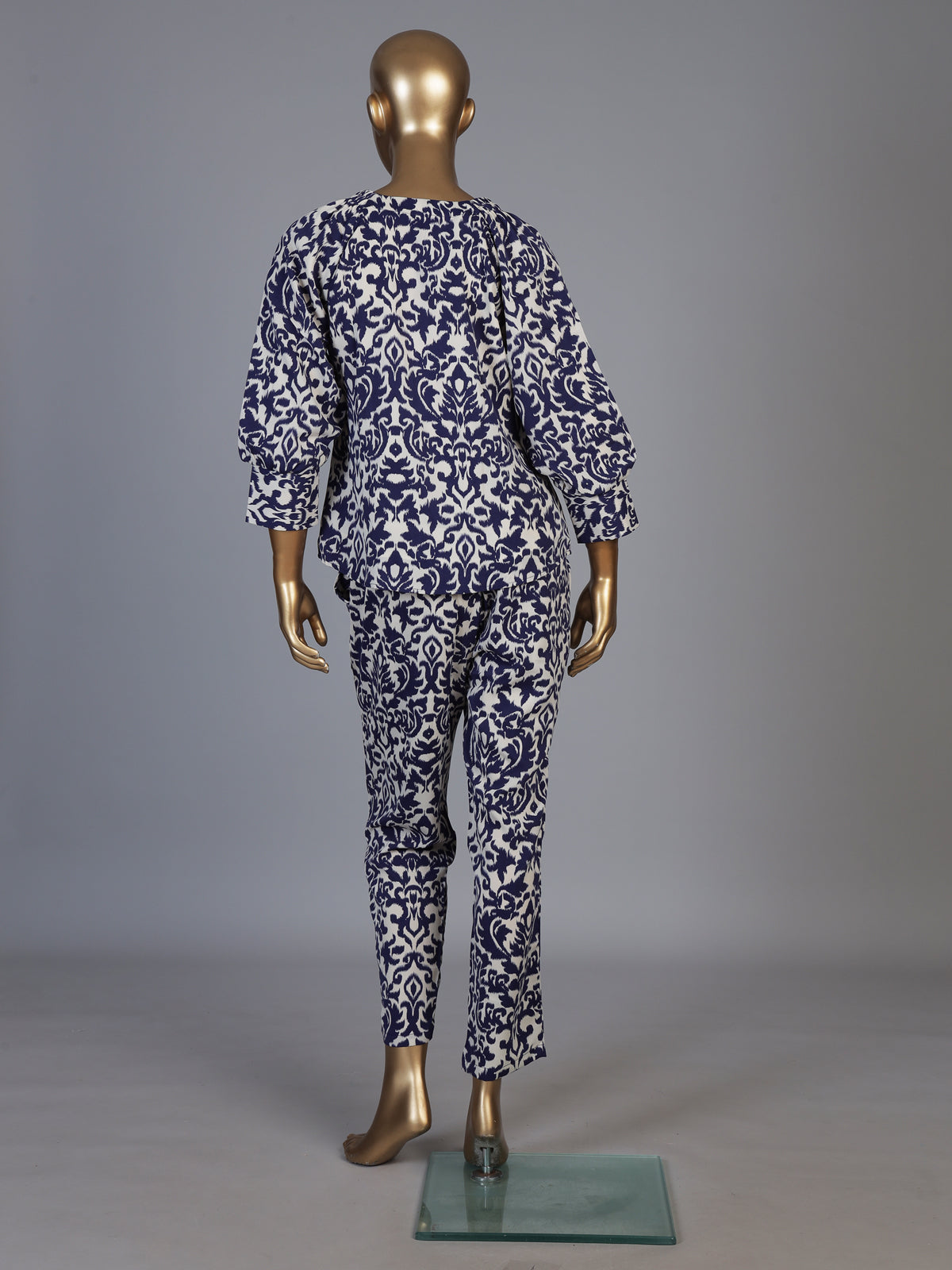 Blue rayon cotton printed pant co ord set with V neck