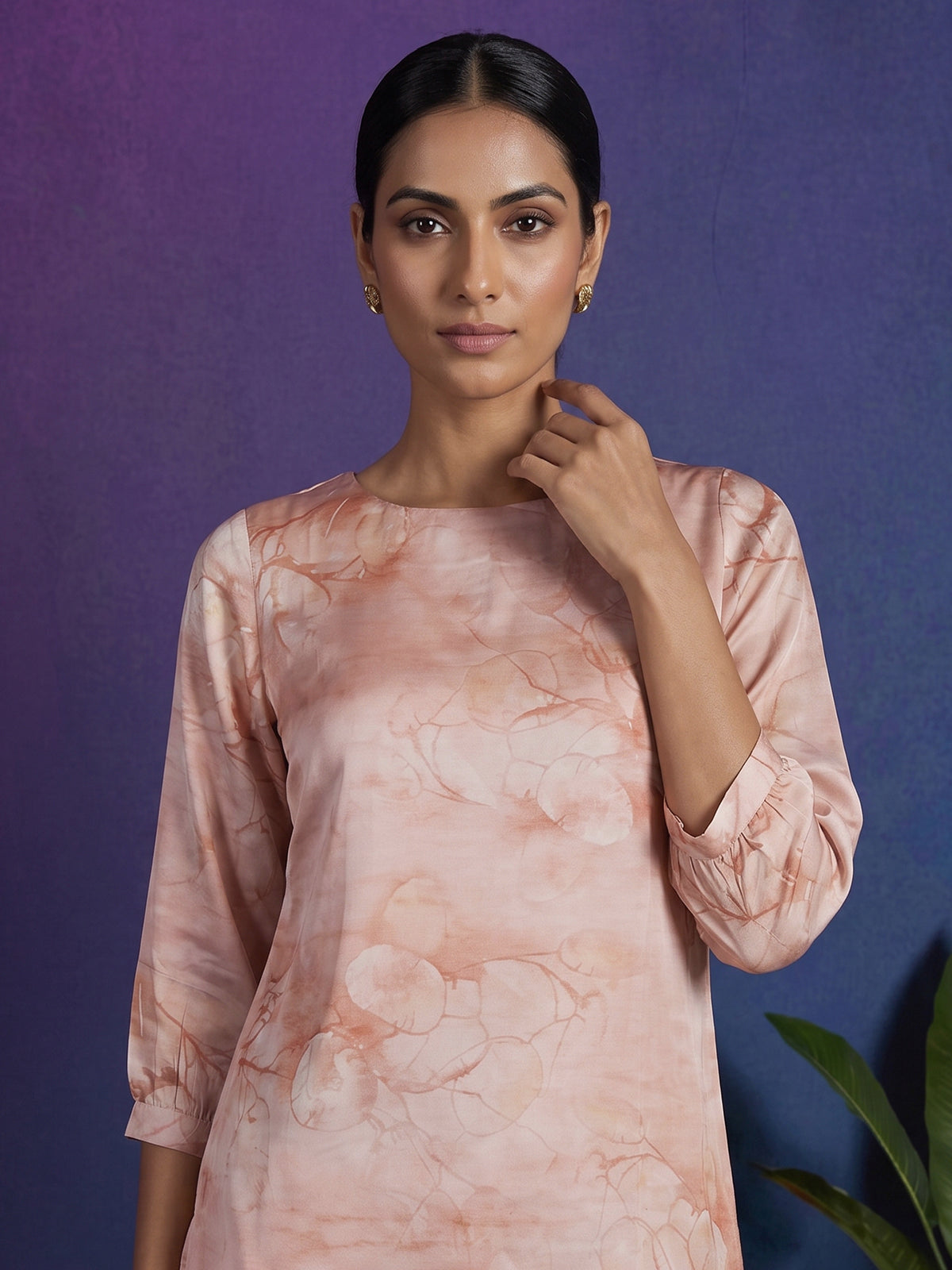 Peach satin floral printed palazzo co ord set for women