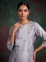 Grey satin printed palazzo co ord set with elegant quarter sleeves