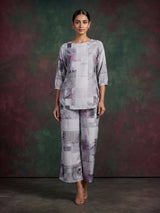 Grey satin printed palazzo co ord set with elegant quarter sleeves