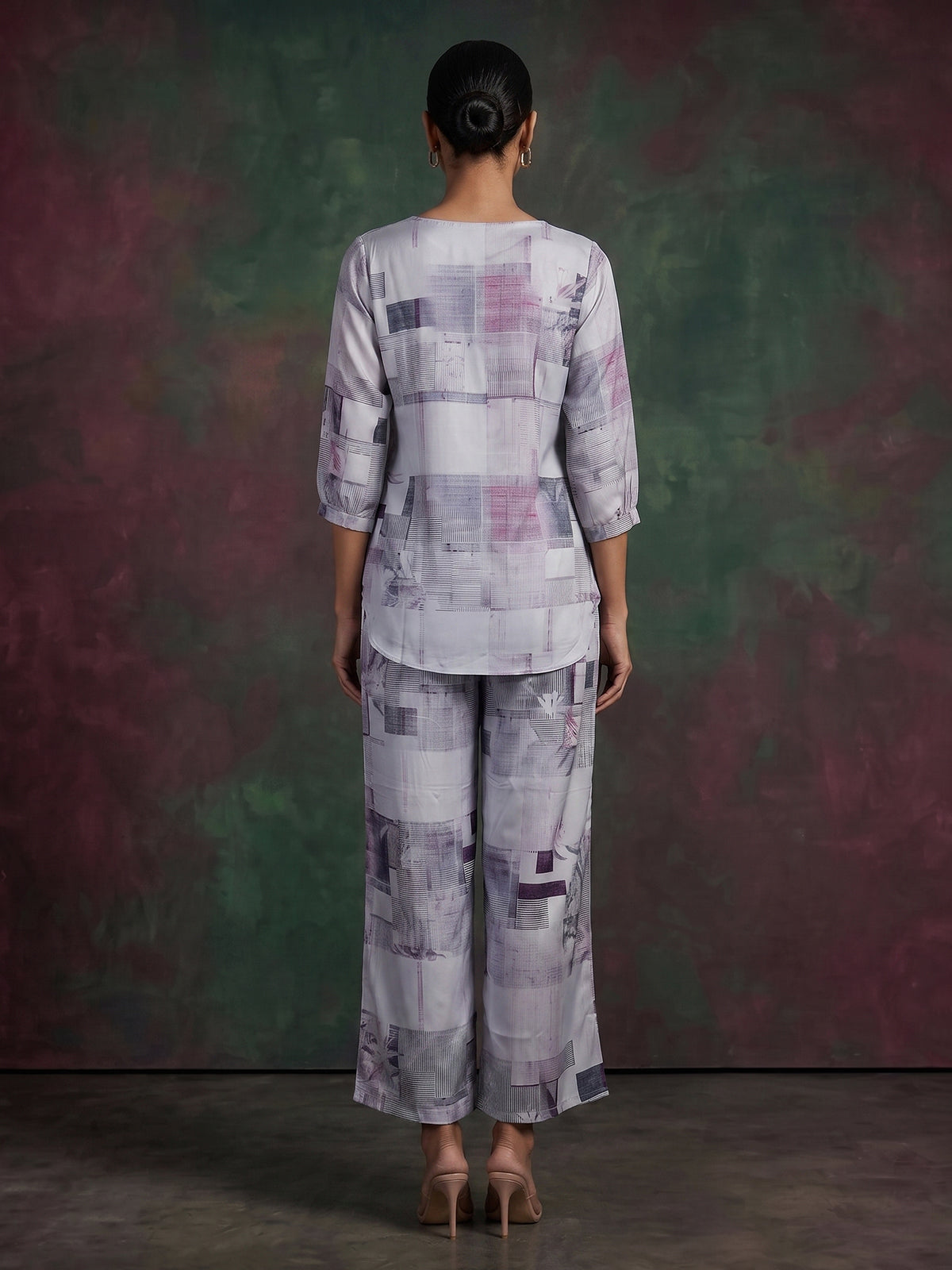 Grey satin printed palazzo co ord set with elegant quarter sleeves