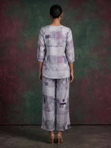 Grey satin printed palazzo co ord set with elegant quarter sleeves