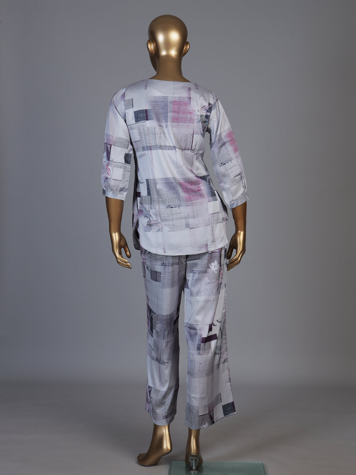 Grey satin printed palazzo co ord set with elegant quarter sleeves
