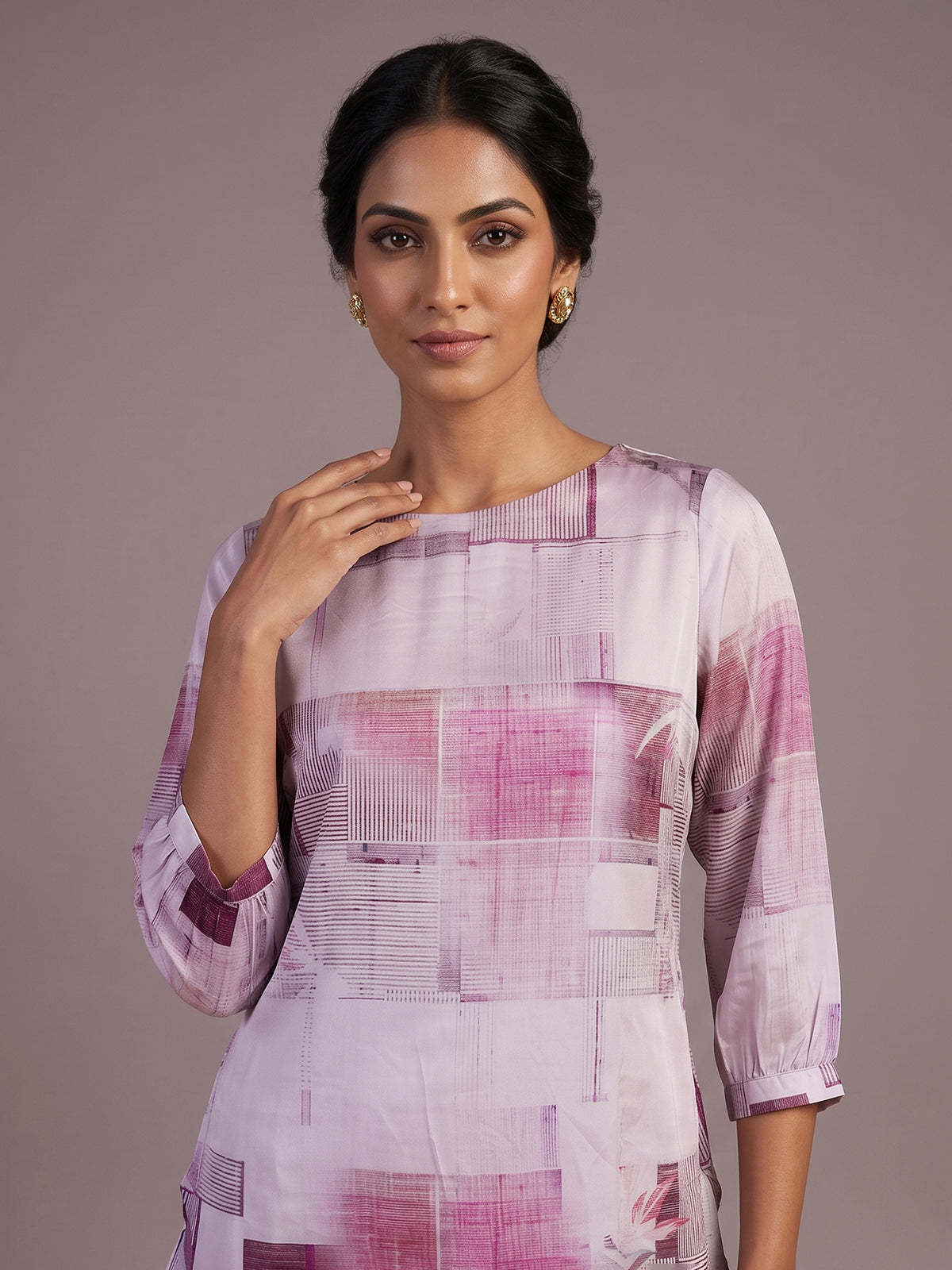Purple satin printed palazzo co ord set with quarter sleeves
