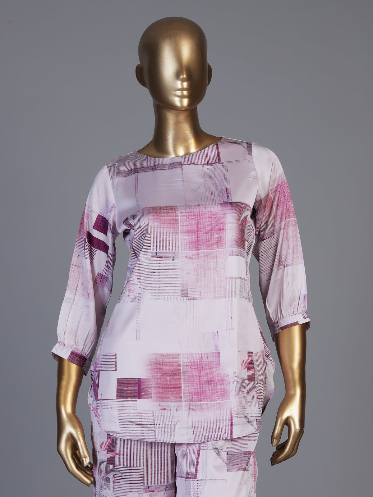 Purple satin printed palazzo co ord set with quarter sleeves