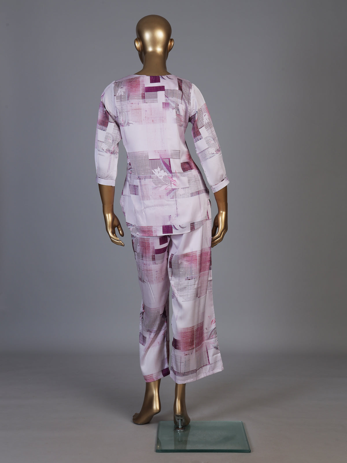 Purple satin printed palazzo co ord set with quarter sleeves