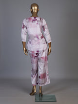 Purple satin printed palazzo co ord set with quarter sleeves