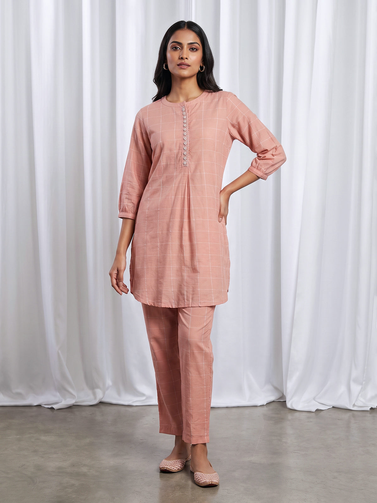 Peach silk checked stand collar co ord set with pants