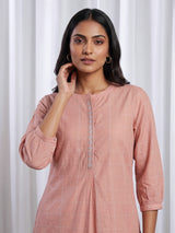 Peach silk checked stand collar co ord set with pants