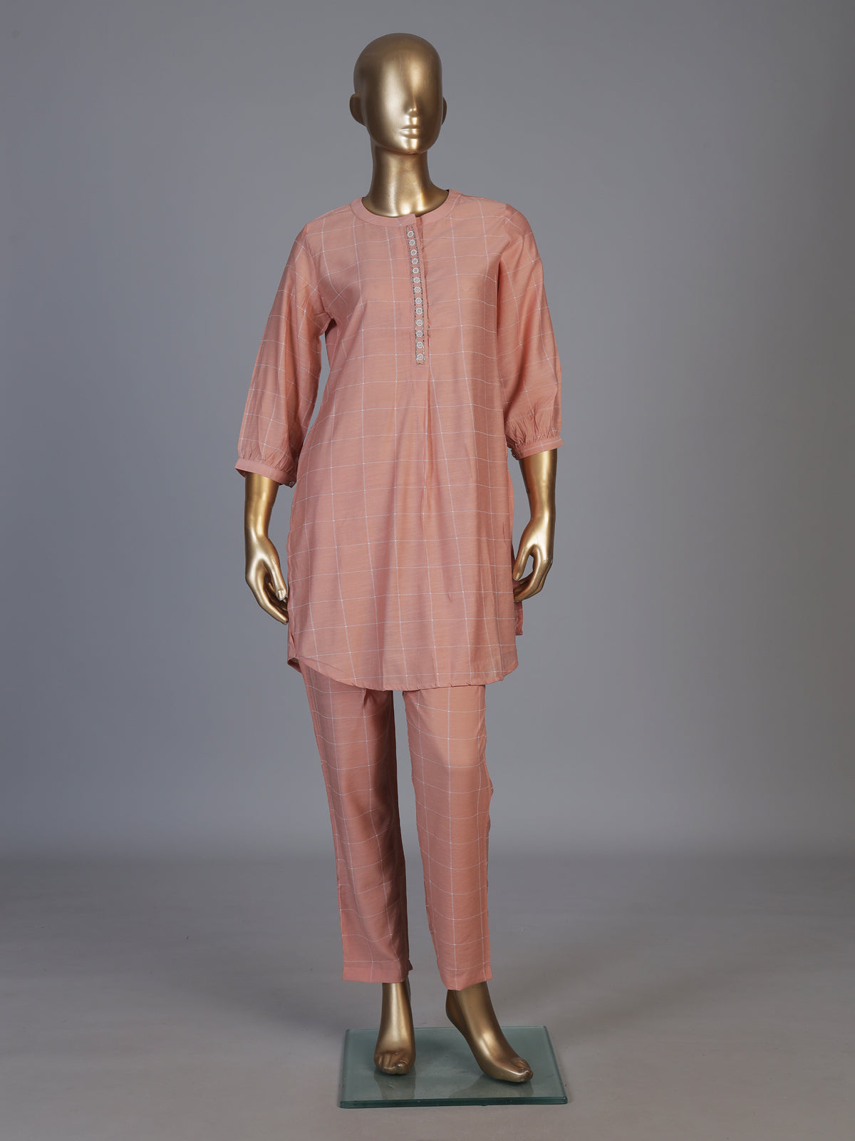 Peach silk checked stand collar co ord set with pants