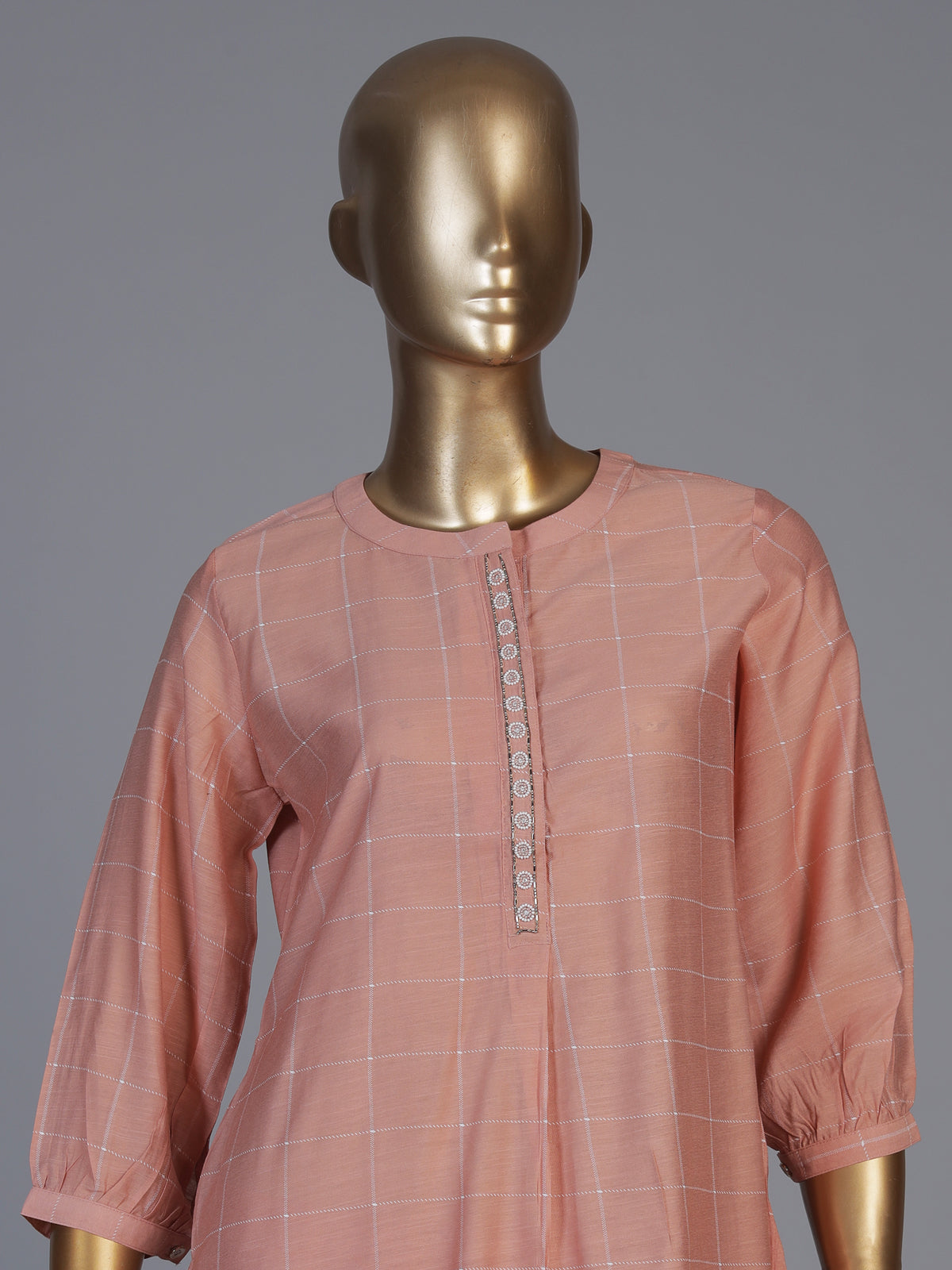 Peach silk checked stand collar co ord set with pants
