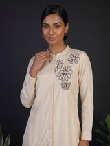 Cream crepe silk embellished pant co ord set with pearl detailing