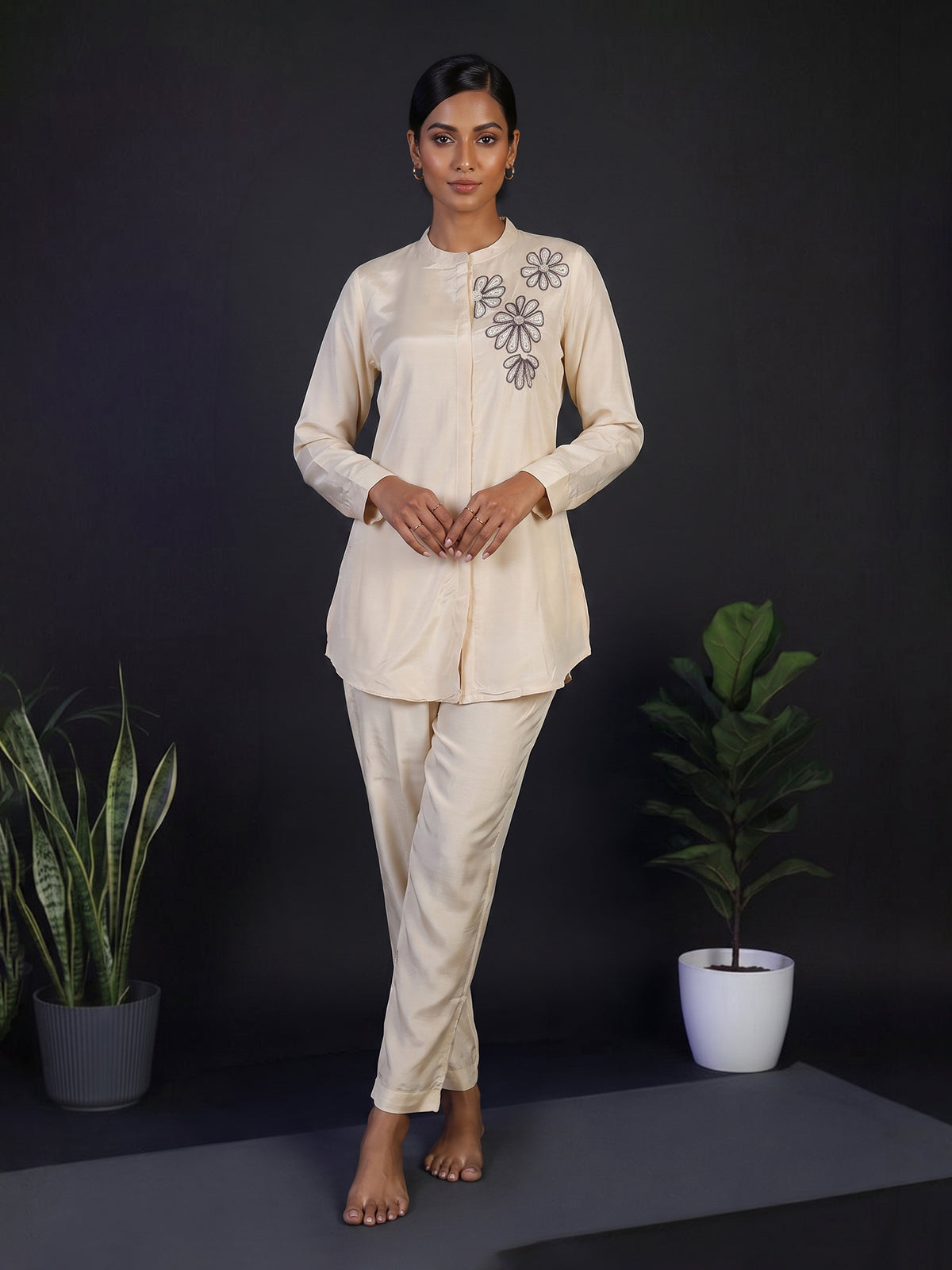 Cream crepe silk embellished pant co ord set with pearl detailing