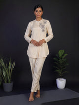 Cream crepe silk embellished pant co ord set with pearl detailing