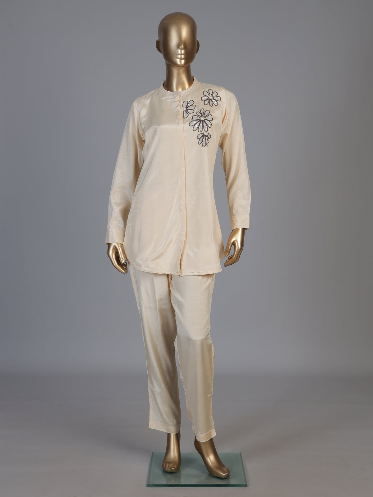 Cream crepe silk embellished pant co ord set with pearl detailing