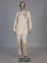 Cream crepe silk embellished pant co ord set with pearl detailing