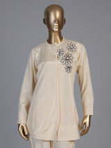Cream crepe silk embellished pant co ord set with pearl detailing