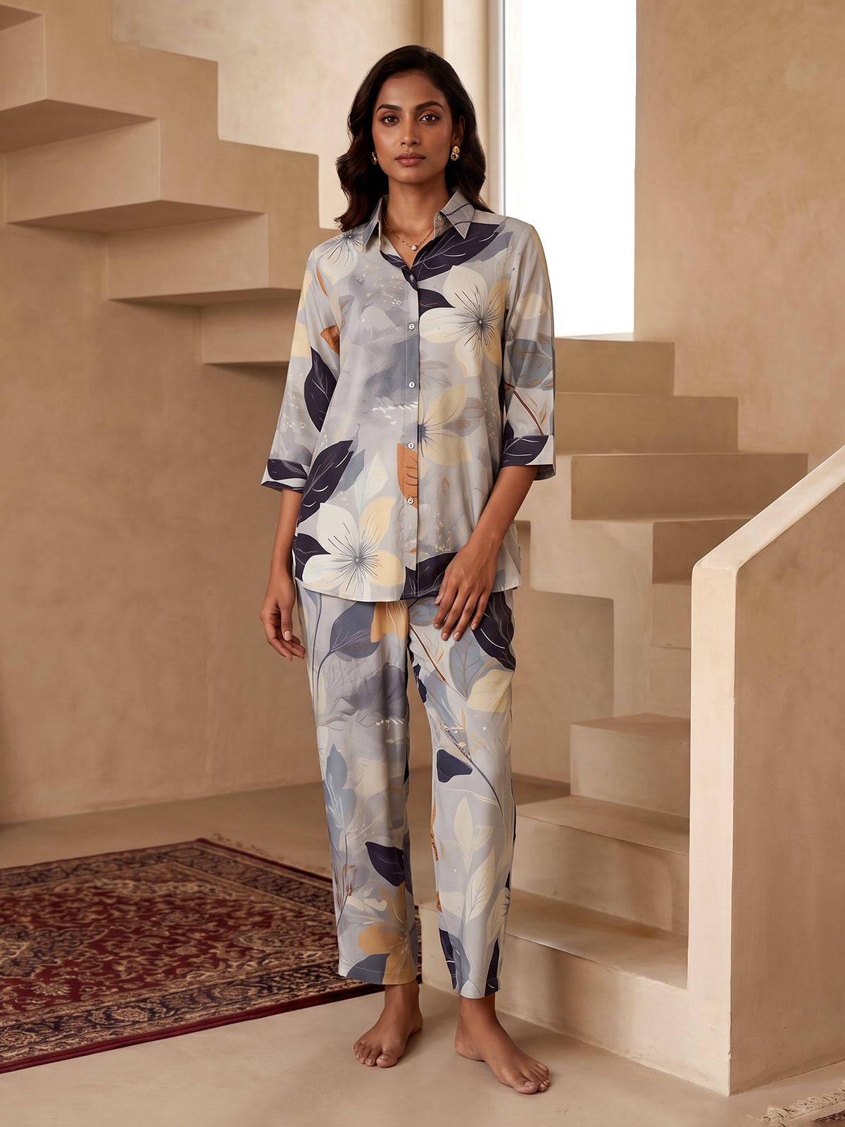 Grey floral printed crepe silk pant co ord set for women