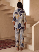 Grey floral printed crepe silk pant co ord set for women