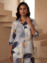 Grey floral printed crepe silk pant co ord set for women