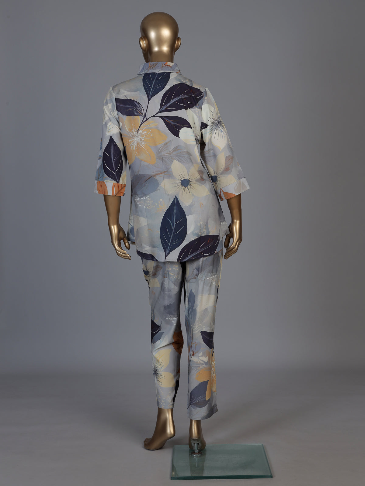 Grey floral printed crepe silk pant co ord set for women