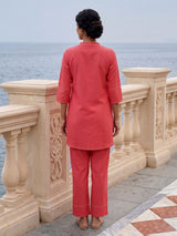 Pink linen solid stand collar pant co ord set for women
