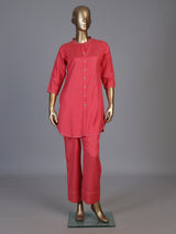Pink linen solid stand collar pant co ord set for women