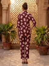 Wine printed crepe silk casual pant co ord set for women