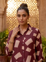 Wine printed crepe silk casual pant co ord set for women