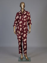 Wine printed crepe silk casual pant co ord set for women