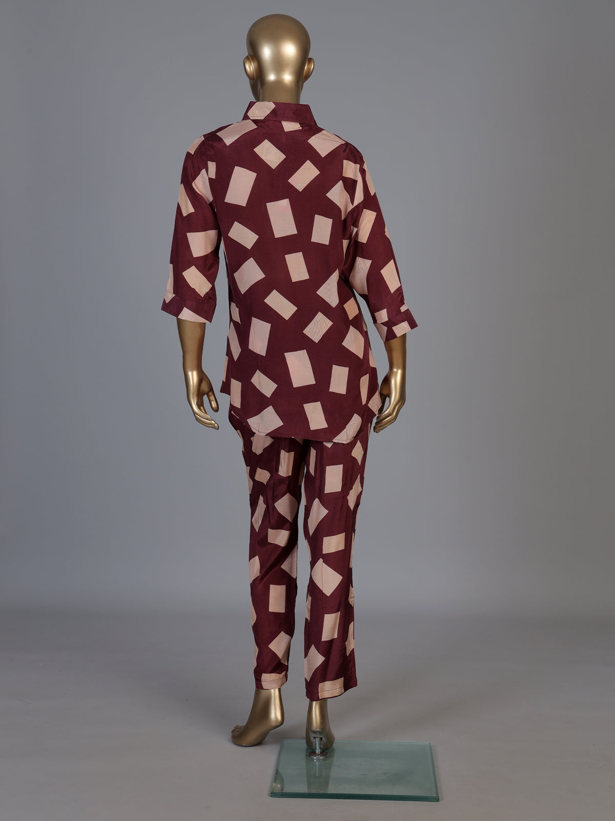 Wine printed crepe silk casual pant co ord set for women