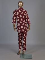Wine printed crepe silk casual pant co ord set for women