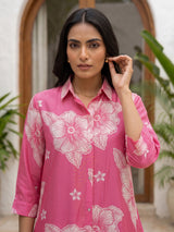 Pink floral printed crepe silk pant co ord set for women