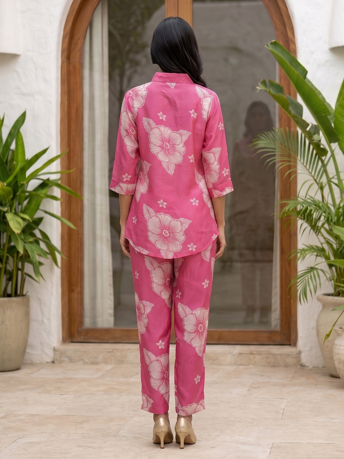 Pink floral printed crepe silk pant co ord set for women