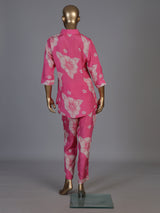 Pink floral printed crepe silk pant co ord set for women