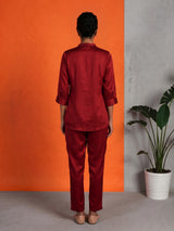Red crepe silk stand collar co ord set with thread work