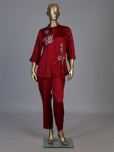 Red crepe silk stand collar co ord set with thread work