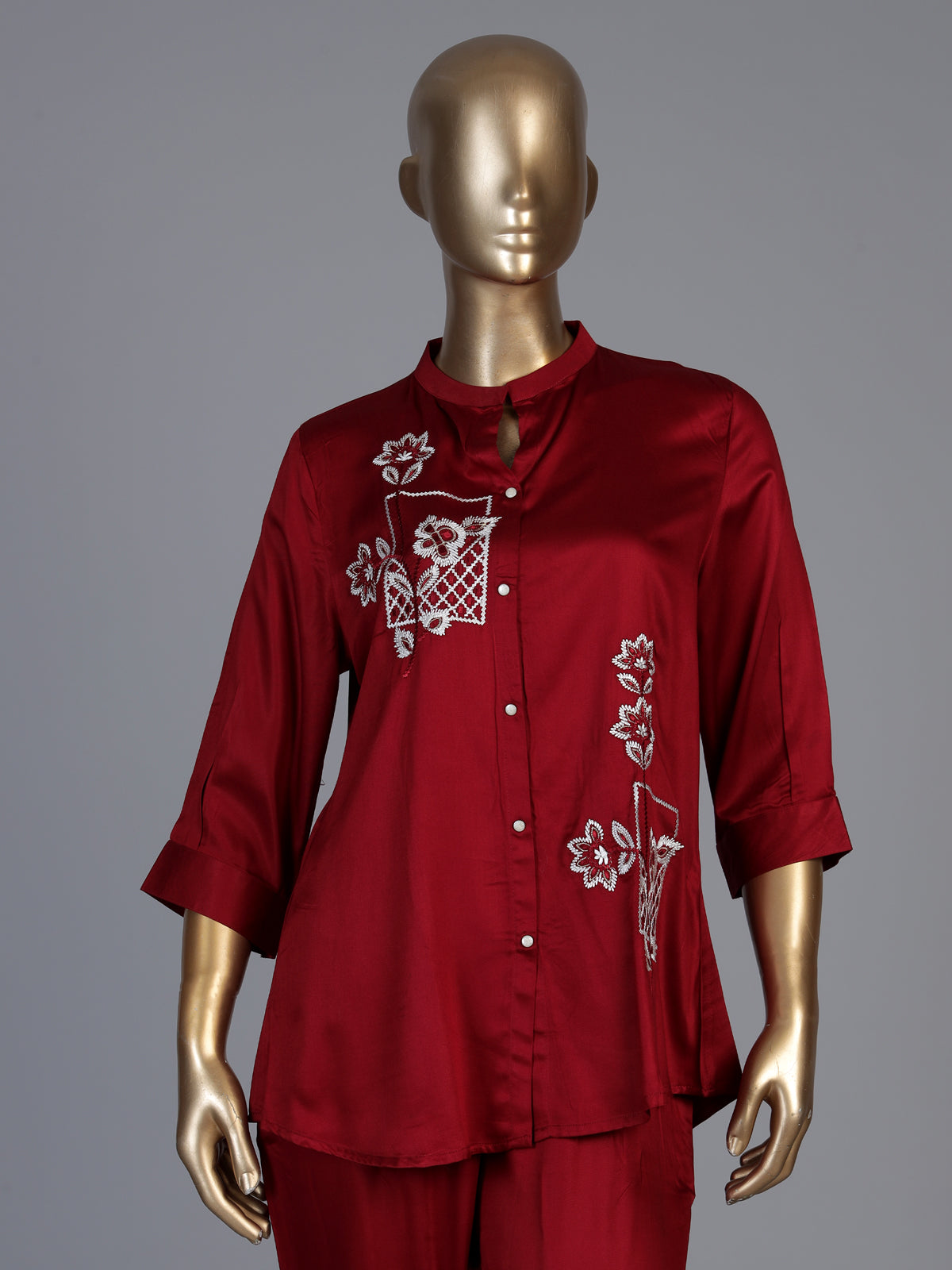 Red crepe silk stand collar co ord set with thread work