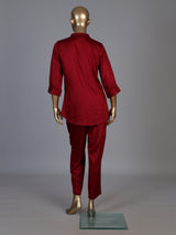 Red crepe silk stand collar co ord set with thread work