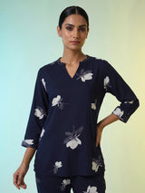Navy blue floral printed rayon cotton co ord set with stone work