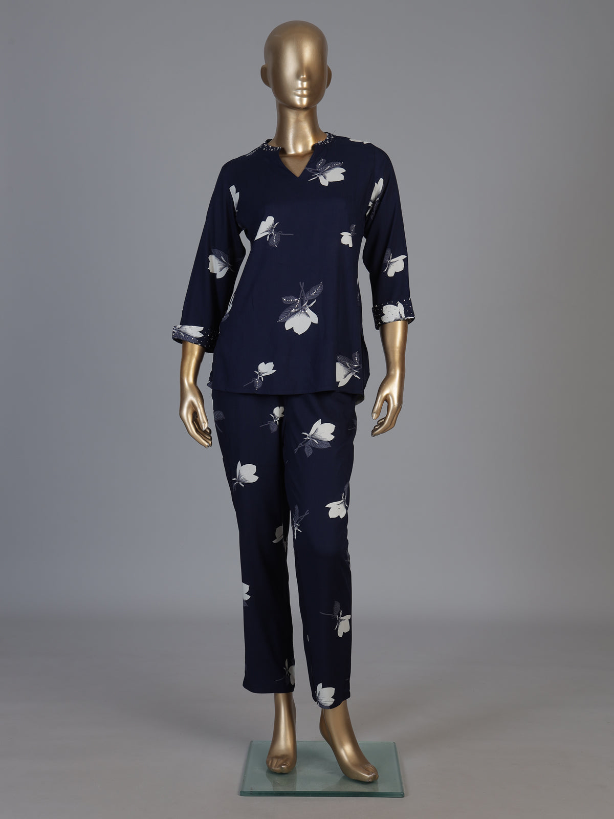 Navy blue floral printed rayon cotton co ord set with stone work