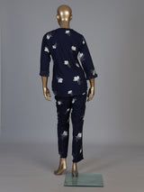 Navy blue floral printed rayon cotton co ord set with stone work