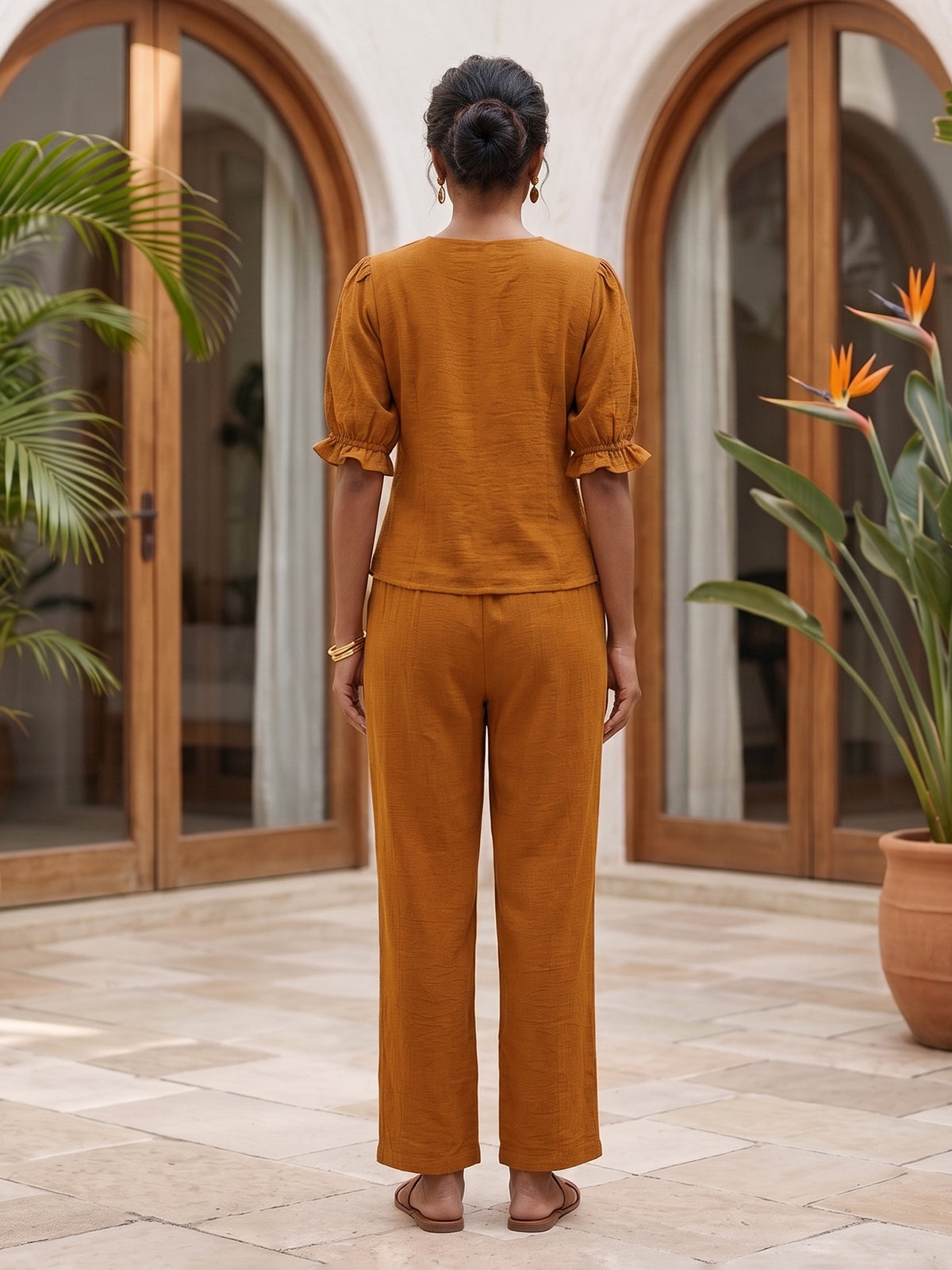 Rust yellow polyester V neck pant co ord set with elbow sleeves