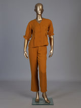 Rust yellow polyester V neck pant co ord set with elbow sleeves
