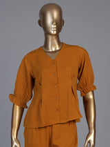 Rust yellow polyester V neck pant co ord set with elbow sleeves