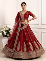 Maroon raw silk unstitched bridal lehenga choli with double dupattas