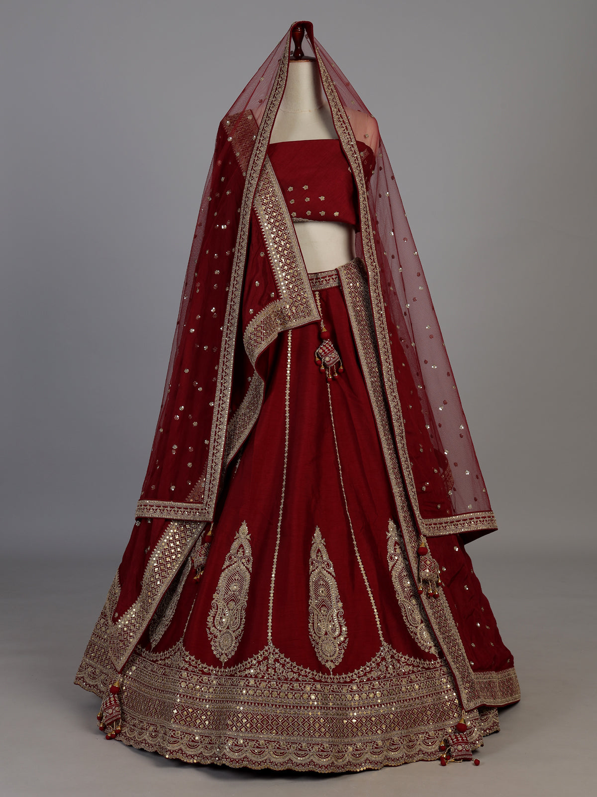 Maroon raw silk unstitched bridal lehenga choli with double dupattas