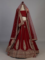 Maroon raw silk unstitched bridal lehenga choli with double dupattas