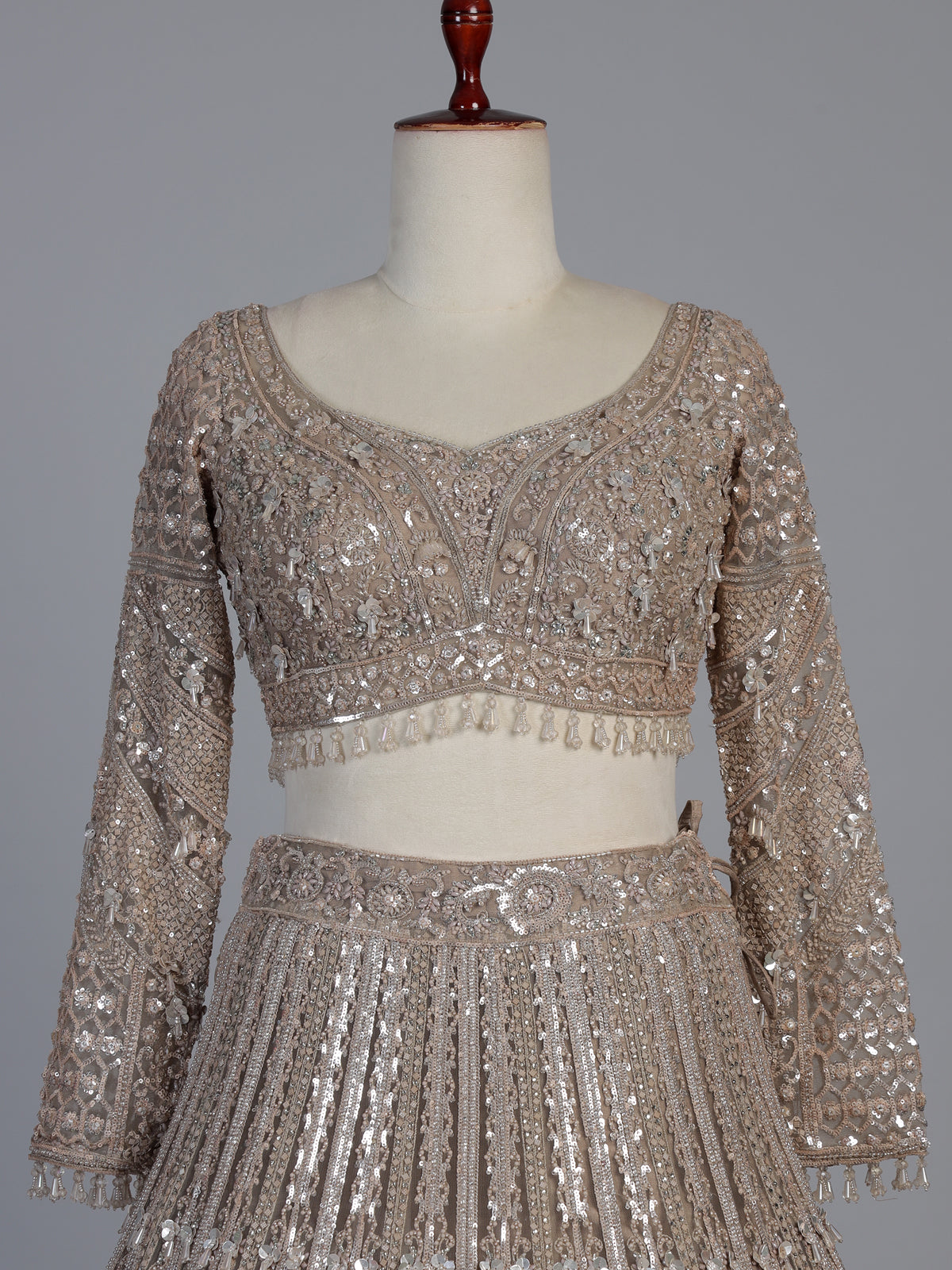 Beige net designer lehenga choli with diamond work embellishments